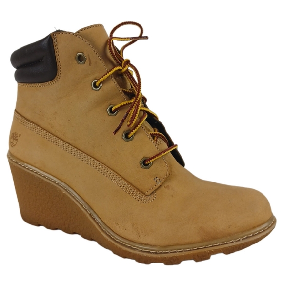 Timberland 8 Tan Brown Red Yellow Wedge Booties Ankle Boots Womens Laces Leather - Picture 4 of 16